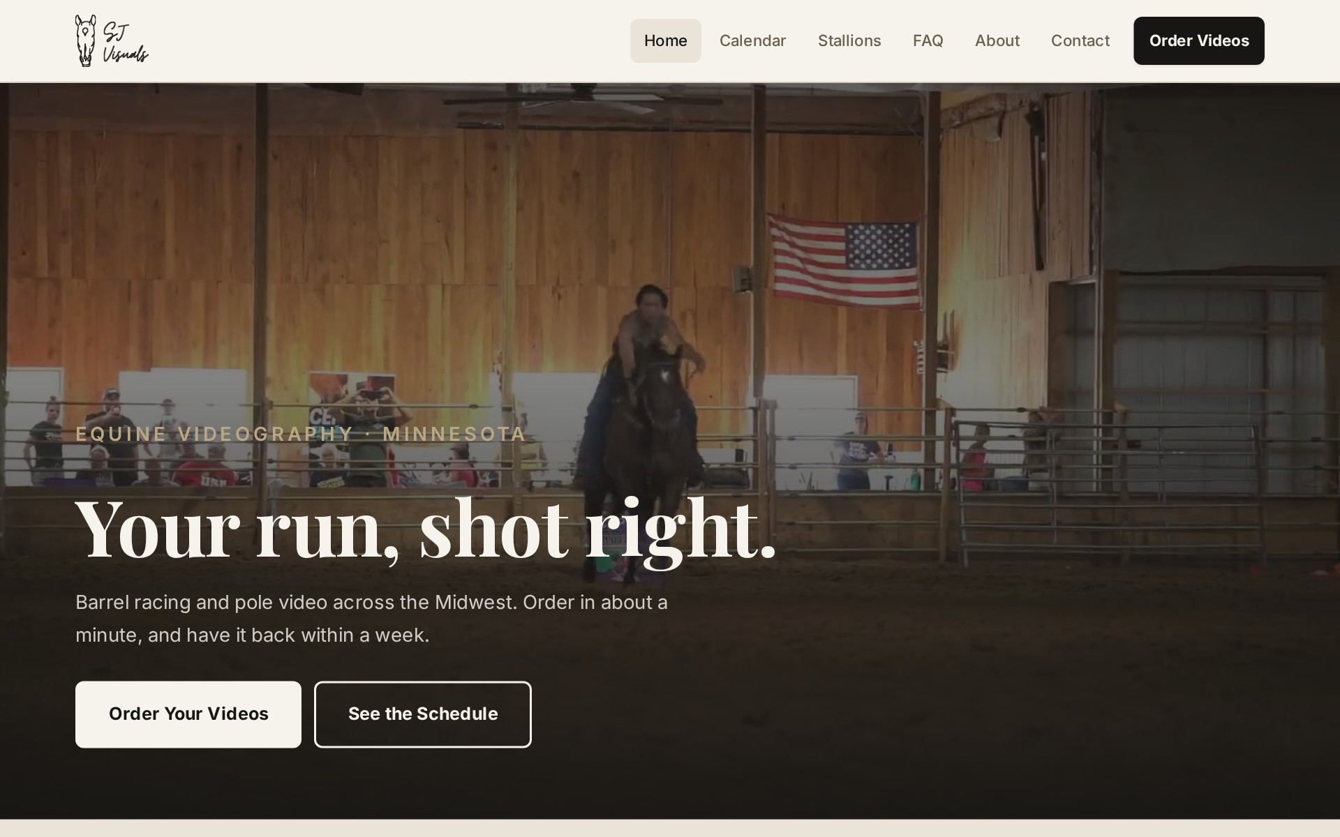 SJ Visuals, a Minnesota-based equine videography website for barrel racing and pole video with online video ordering, built by Iron Sharp Media